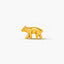 A small golden bear figurine is standing alone against a white background.