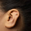 A gold earring in the shape of a small animal, possibly a dog, is visible in the person's ear.