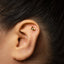 A close-up of a person's ear with a small gold earring in the earlobe.