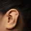 A gold-colored earring with a small, cartoonish figure attached to the earlobe.
