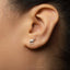 A close-up of a person's ear with a small silver camel-shaped earring in the earlobe.