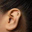 A close-up of a person's ear with a small gold earring in the earlobe.