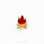 A small, red enamel pin in the shape of a campfire is shown against a white background.