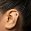 A close-up of a person's ear with a small silver earring in the earlobe.