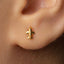 A close-up of a person's ear with a small gold earring featuring a small airplane design.