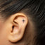 A small silver airplane earring is visible in the person's ear.