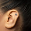 A close-up of a person's ear with a small silver earring in the earlobe.