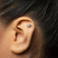 A close-up of a person's ear with a small silver earring in the earlobe.