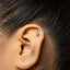 A close-up of a person's ear with a small silver earring in the earlobe.