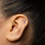 A close-up of a person's ear with a silver earring in the earlobe.