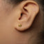A close-up of a person's ear wearing a small gold earring shaped like a coffee cup.