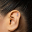 A close-up of a person's ear with a small silver earring in the earlobe.