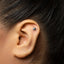 A close-up of a person's ear with a silver earring in the earlobe.