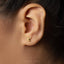 A close-up of a person's ear with a small gold earring featuring a small dog-like figure.