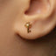 A close-up of a person's ear with a small gold-colored key earring in the earlobe.