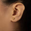 A close-up view of a person's ear with a small gold earring in the earlobe.