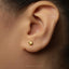 A close-up of a person's ear with a small gold earring featuring a small fruit design.