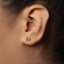 A close-up of a person's ear wearing a small gold earring shaped like a horse.