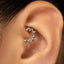 A close-up of a person's ear with a decorative metal ring or earring in the earlobe.