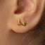 A close-up of a person's ear with a pair of gold earrings attached.