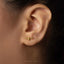 a close-up view of a person's ear with a small gold earring featuring a bat design.