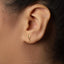 A close-up of a person's ear with a small gold earring featuring a spoon-shaped design.