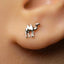 A close-up of a person's ear with a small silver camel-shaped earring in the earlobe.
