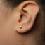 A close-up of a person's ear with a small silver earring featuring a smiley face design.