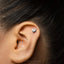 A silver earring with a leaf-shaped design is visible in the image.