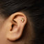 A gold earring with a small flower-like design is visible in the person's ear.