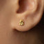 A close-up view of a person's ear adorned with a small gold earring featuring a small frog design.