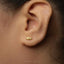 A gold earring with a small shoe-shaped charm is visible in the person's ear.