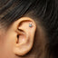 A close-up of a person's ear with a small silver earring in the earlobe.