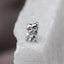 A small silver dog charm is sitting on a white surface.