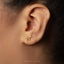 A close-up of a person's ear with a small gold-colored earring featuring a small animal design.