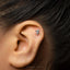 A close-up of a person's ear with a small silver earring in the earlobe.