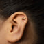 A close-up of a person's ear with a gold earring in the earlobe.