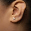 A close-up of a person's ear with a small silver earring featuring a small animal design.