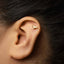 A close-up of a person's ear with a small gold earring in the shape of a dog's head.