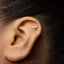A gold-colored earring with a small bird figure is visible in the image.