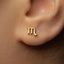 A close-up of a person's ear with a small gold earring featuring the letter 'M' in the center.