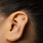 A close-up of a person's ear with a small gold-colored earring in the earlobe.