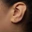 A close-up of a person's ear with a small gold earring featuring the letter 'M' in the center.