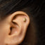 A close-up of a person's ear with a small gold earring in the earlobe.