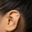 A close-up of a person's ear with a small, diamond-encrusted earring in the earlobe.