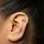 A silver earring with a banana design is visible in the ear of a person.