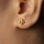 A close-up of a person's ear with a small gold earring featuring a scale of justice symbol.