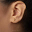 A close-up of a person's ear with a small gold earring featuring a small airplane design.