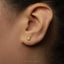 A close-up of a person's ear wearing a small gold earring with a menorah symbol on it.