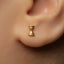 A close-up of a person's ear with a small gold-colored earring in the earlobe.